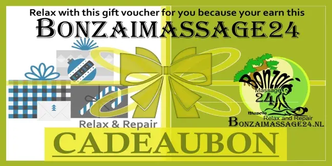 Cadeaubon van Bonzaimassage24 met groen-geel design, grote strik, logo, en de tekst "Relax & Repair" – ideaal als massagecadeau voor ontspanning en welzijn, verkrijgbaar via de webshop van Bonzaimassage24.nl.